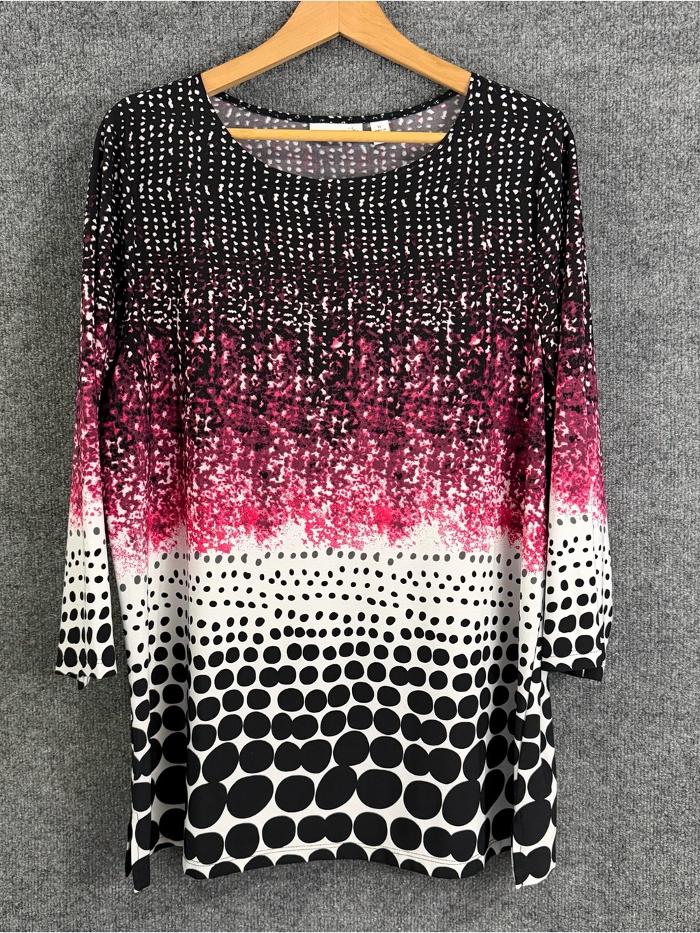 Susan Graver Womens Liquid Knit Dot Print Top Size XL Long Sleeve Artsy Office